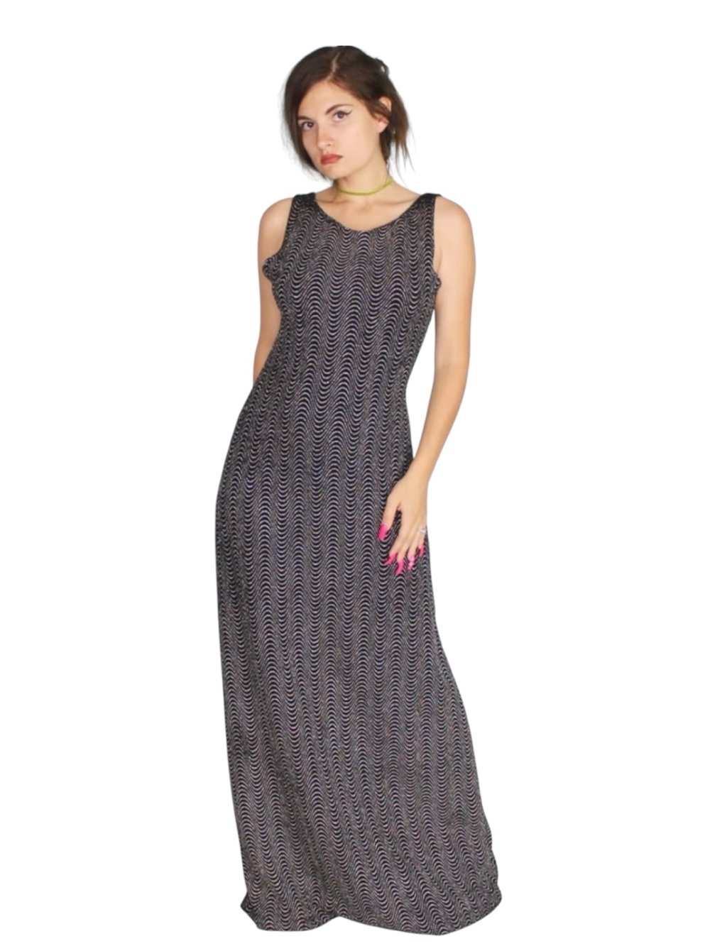 RONNI NICOLE by Ouida Dress Maxi Low Back Iridescent Glitter Wave Pattern Y2K